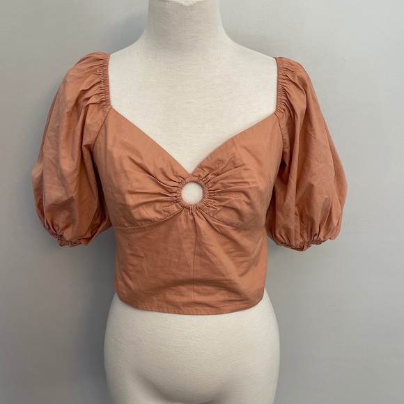 Abercrombie & Fitch Puff Sleeve Crop Top Square Neck Blouse Ring Detail - Picture 1 of 4